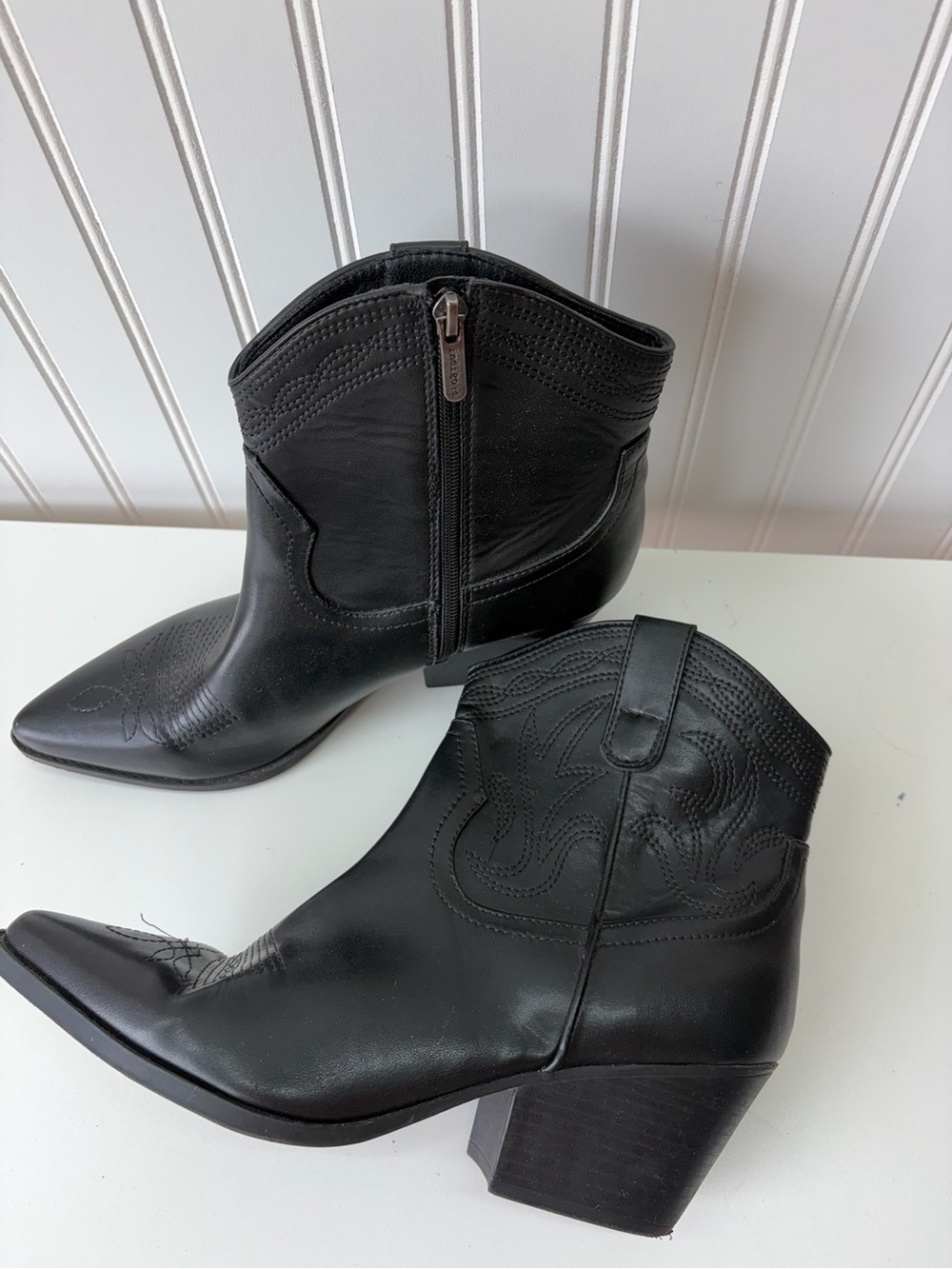 Indigo Black Leather Western Ankle Boots